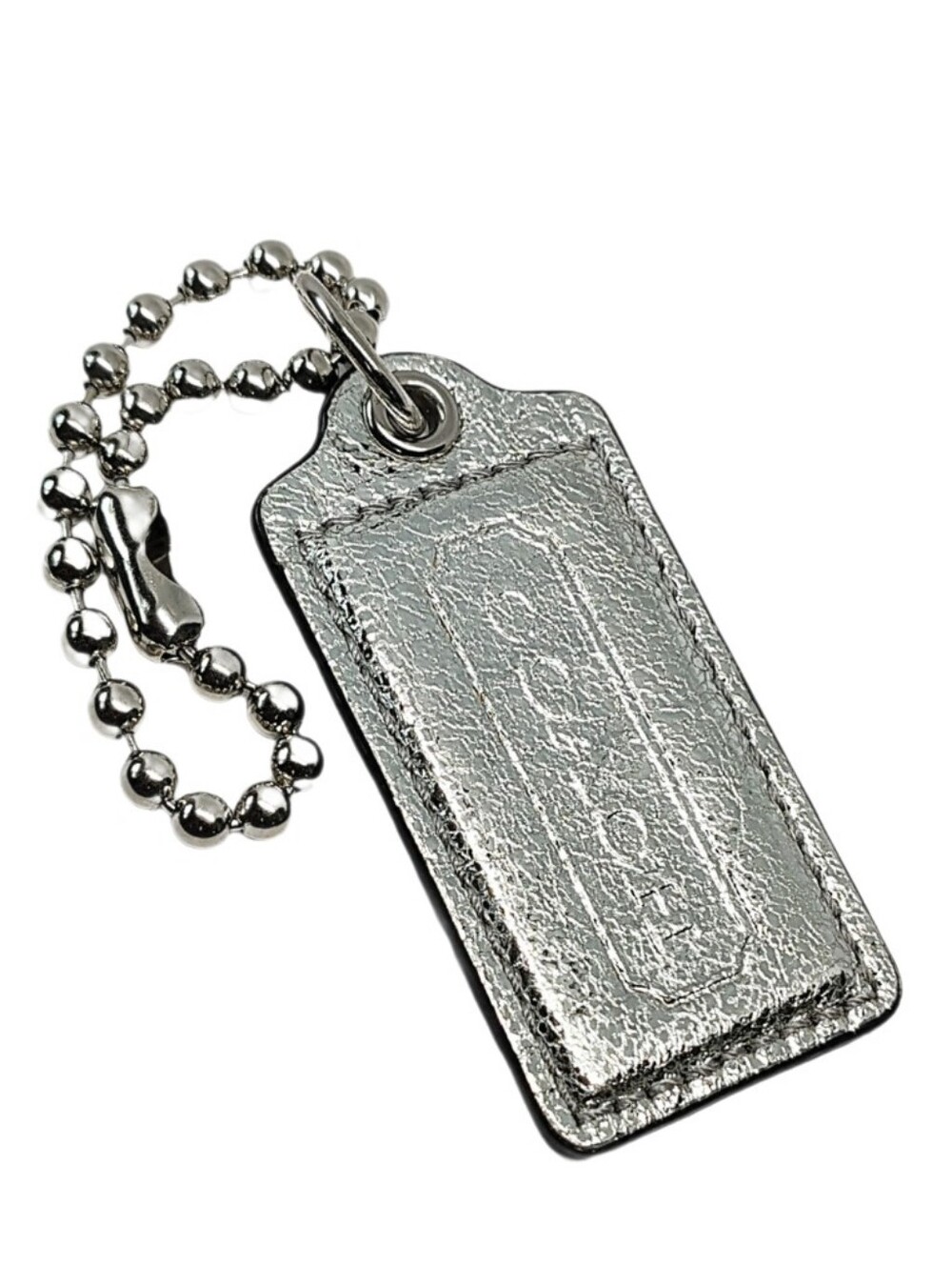🩶 2.5" Large Coach Metallic Platinum Silver Leather Hangtag Bag Fob Keychain